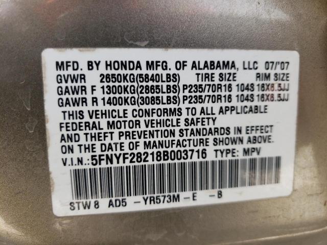 Photo 10 from auction – 2008 HONDA PILOT VP with VIN 5FNYF28218B003716