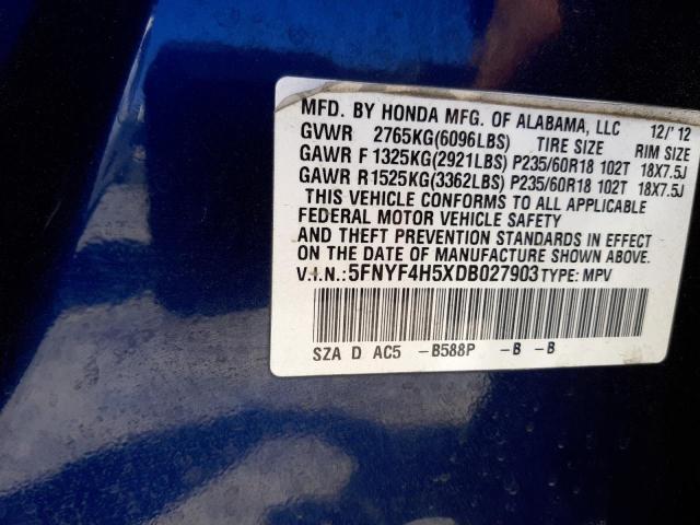 Photo 10 from auction – 2013 HONDA PILOT EXL with VIN 5FNYF4H5XDB027903