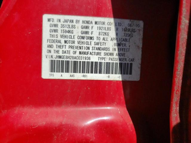 Photo 10 from auction – 2010 HONDA FIT with VIN JHMGE8H28AC031936