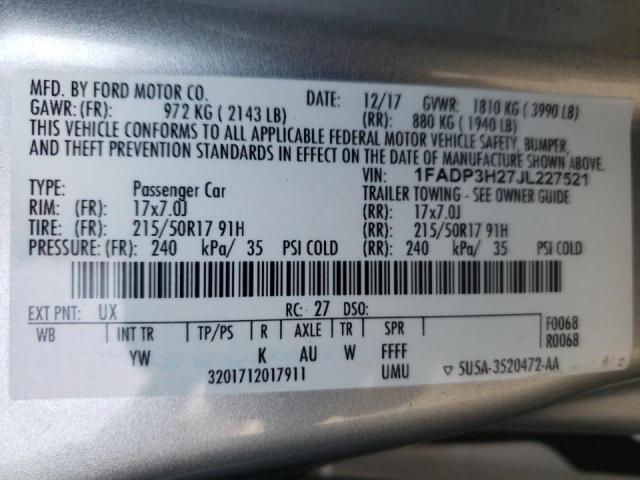 Photo 10 from auction – 2018 FORD FOCUS SEL with VIN 1FADP3H27JL227521