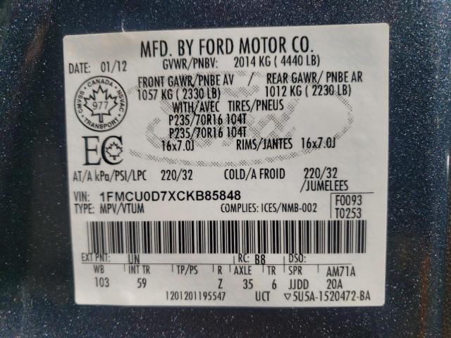 Photo 10 from auction – 2012 FORD ESCAPE XLT with VIN 1FMCU0D7XCKB85848