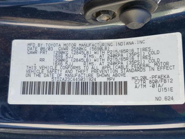 Photo 10 from auction – 2004 TOYOTA SIENNA CE with VIN 5TDZA23C44S031924