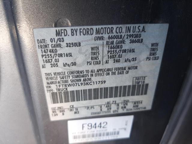 Photo 10 from auction – 2003 FORD F150 SUPER with VIN 1FTRW07L93KC11759