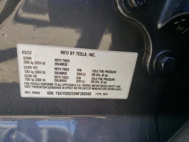 Photo 10 from auction – 2022 TESLA MODEL Y with VIN 7SAYGDEE0NF386568