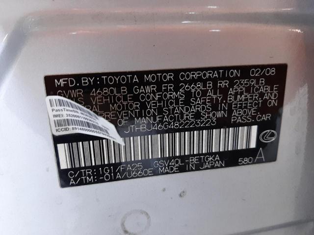 Photo 10 from auction – 2008 LEXUS ES 350 with VIN JTHBJ46G482223223