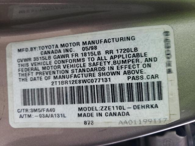 Photo 10 from auction – 1998 TOYOTA COROLLA VE with VIN 2T1BR12E8WC077131