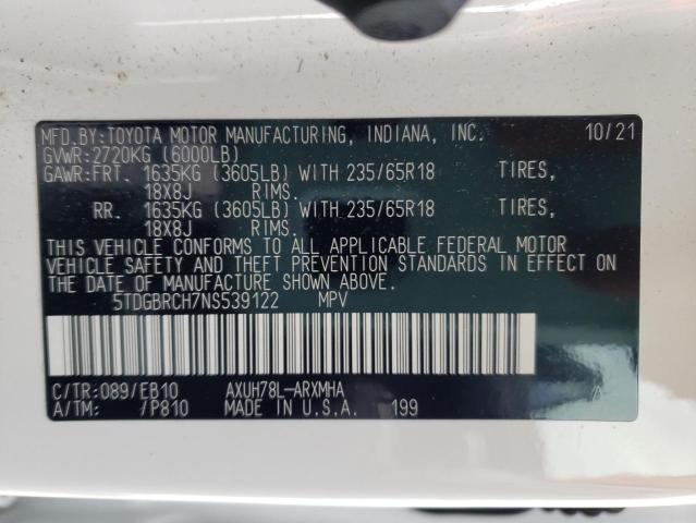Photo 10 from auction – 2022 TOYOTA HIGHLANDER with VIN 5TDGBRCH7NS539122