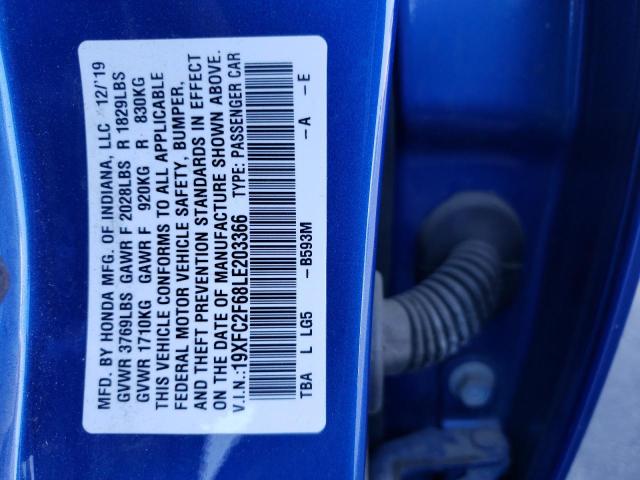 Photo 10 from auction – 2020 HONDA CIVIC LX with VIN 19XFC2F68LE203366