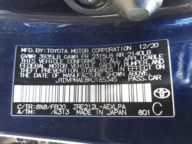 Photo 10 from auction – 2021 TOYOTA COROLLA LE with VIN JTDVPMAE8MJ165345