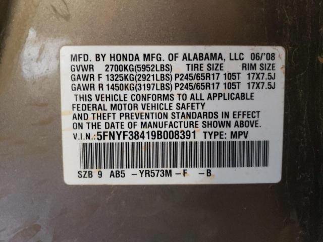 Photo 10 from auction – 2009 HONDA PILOT EX with VIN 5FNYF38419B008391