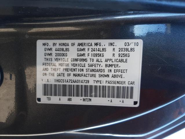 Photo 10 from auction – 2010 HONDA ACCORD EX with VIN 1HGCS1A72AA014729