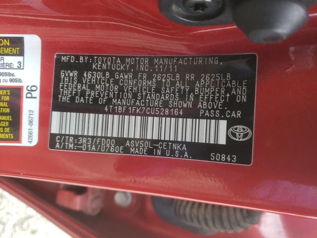 Photo 10 from auction – 2012 TOYOTA CAMRY BASE with VIN 4T1BF1FK7CU528164