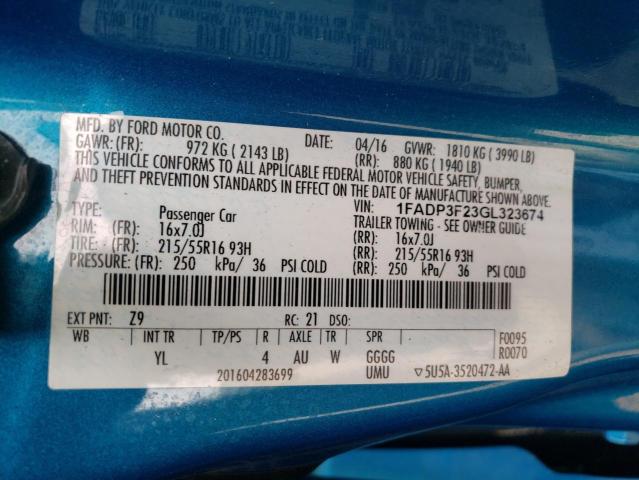 Photo 10 from auction – 2016 FORD FOCUS SE with VIN 1FADP3F23GL323674