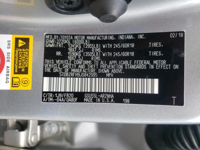Photo 10 from auction – 2018 TOYOTA HIGHLANDER with VIN 5TDBZRFH9JS842995