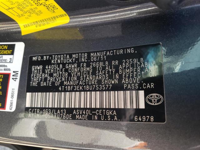 Photo 10 from auction – 2011 TOYOTA CAMRY BASE with VIN 4T1BF3EK1BU753577