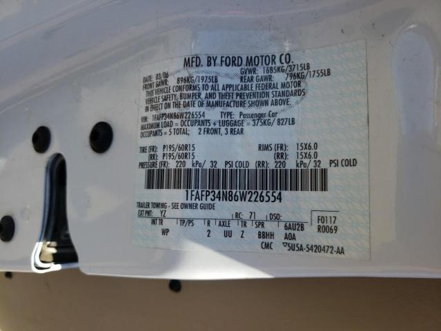 Photo 10 from auction – 2006 FORD FOCUS ZX4 with VIN 1FAFP34N86W226554