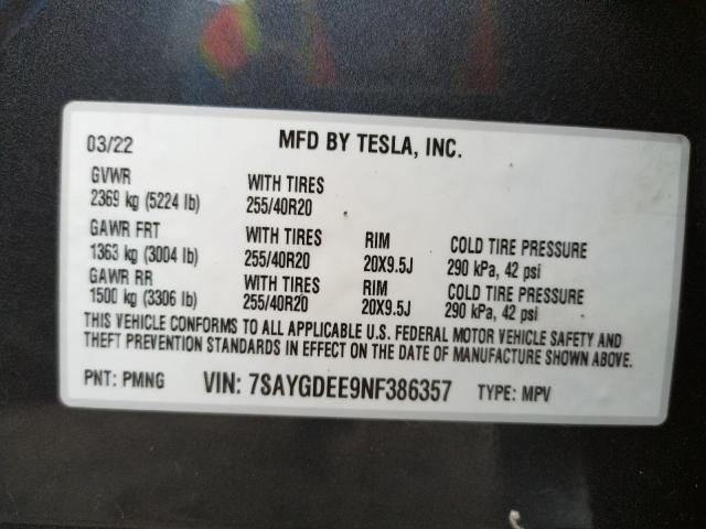 Photo 10 from auction – 2022 TESLA MODEL Y with VIN 7SAYGDEE9NF386357