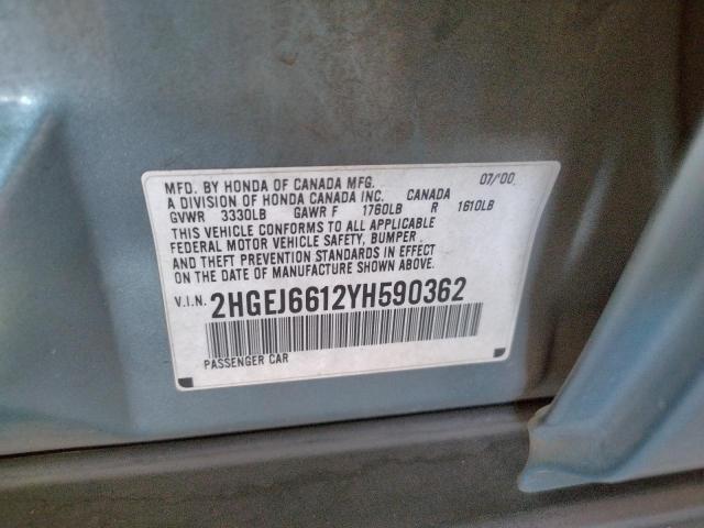 Photo 10 from auction – 2000 HONDA CIVIC BASE with VIN 2HGEJ6612YH590362