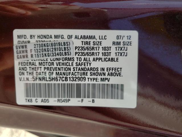 Photo 10 from auction – 2012 HONDA ODYSSEY EX with VIN 5FNRL5H67CB132909