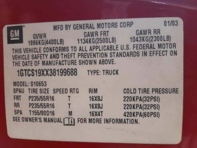 Photo 10 from auction – 2003 GMC SONOMA with VIN 1GTCS19XX38199688