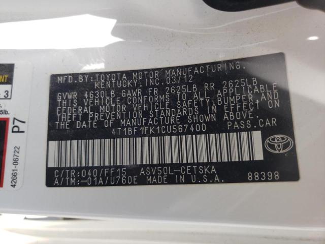 Photo 10 from auction – 2012 TOYOTA CAMRY BASE with VIN 4T1BF1FK1CU567400