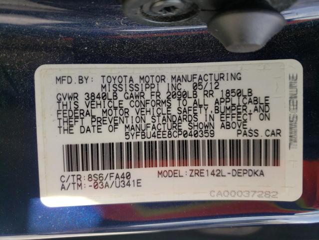 Photo 10 from auction – 2012 TOYOTA COROLLA BA with VIN 5YFBU4EE8CP040359