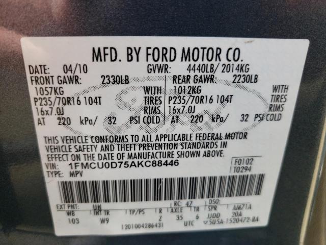 Photo 10 from auction – 2010 FORD ESCAPE XLT with VIN 1FMCU0D75AKC88446