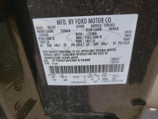 Photo 10 from auction – 2008 FORD F150 SUPER with VIN 1FTRW12W38FA15498