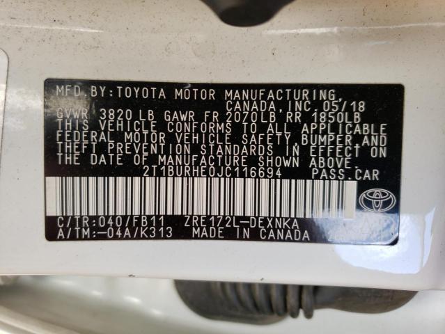 Photo 10 from auction – 2018 TOYOTA COROLLA L with VIN 2T1BURHE0JC116694