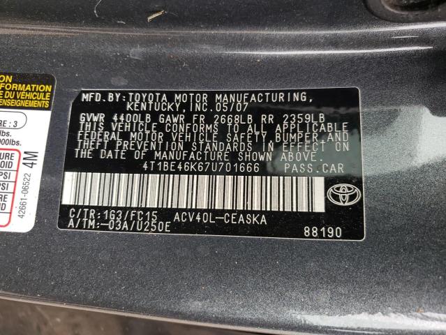 Photo 10 from auction – 2007 TOYOTA CAMRY CE with VIN 4T1BE46K67U701666