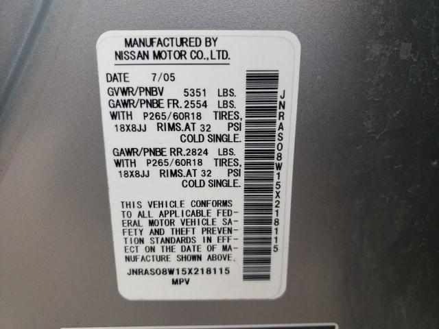 Photo 10 from auction – 2005 INFINITI FX35 with VIN JNRAS08W15X218115