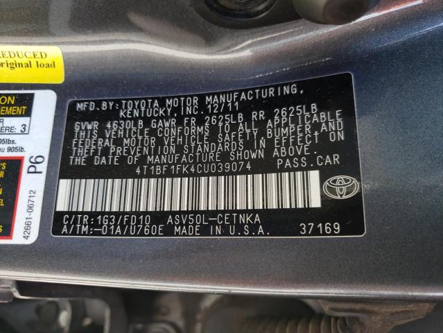 Photo 10 from auction – 2012 TOYOTA CAMRY BASE with VIN 4T1BF1FK4CU039074