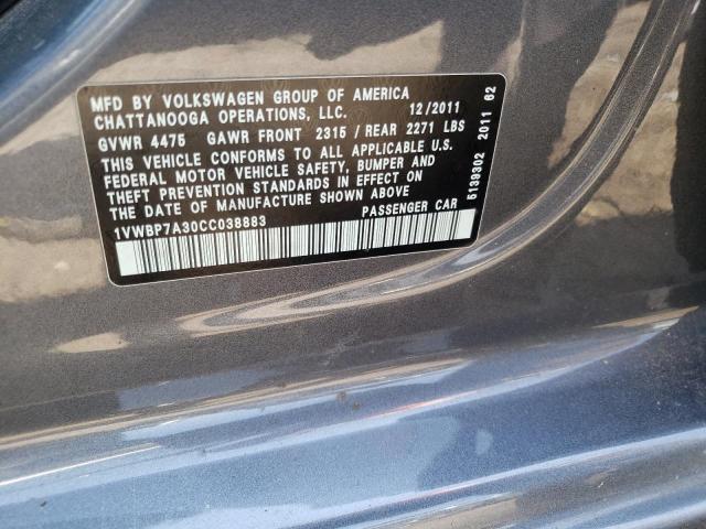 Photo 10 from auction – 2012 VOLKSWAGEN PASSAT SE with VIN 1VWBP7A30CC038883