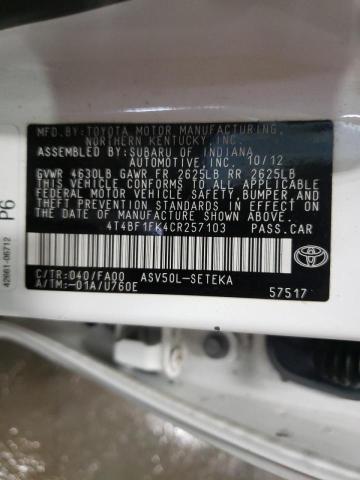 Photo 10 from auction – 2012 TOYOTA CAMRY BASE with VIN 4T4BF1FK4CR257103