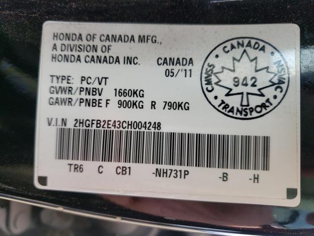 Photo 10 from auction – 2012 HONDA CIVIC LX with VIN 2HGFB2E43CH004248