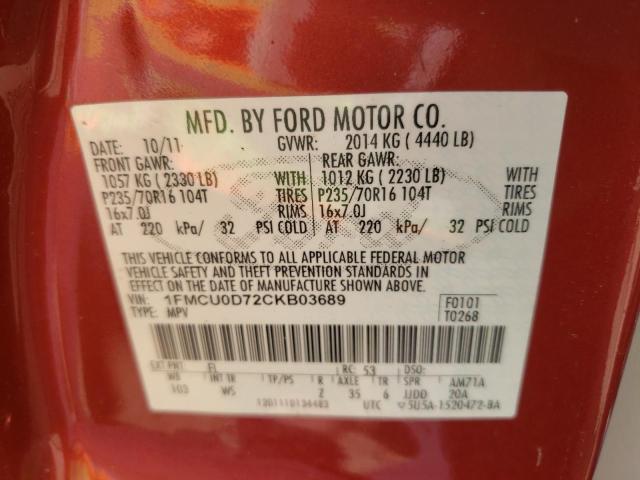 Photo 10 from auction – 2012 FORD ESCAPE XLT with VIN 1FMCU0D72CKB03689
