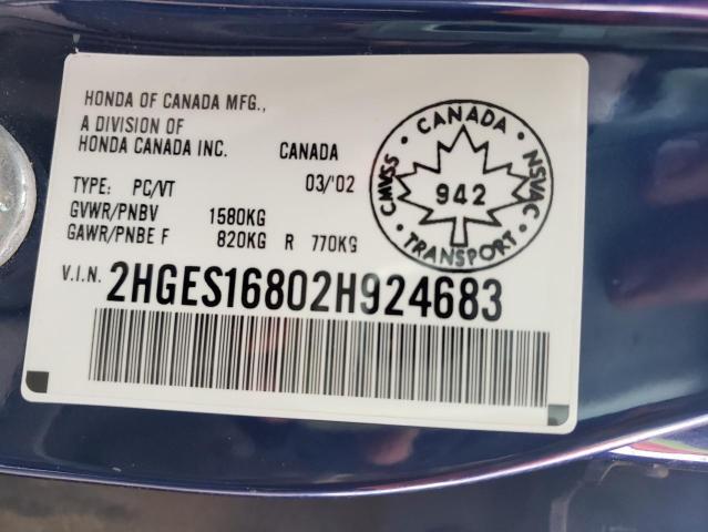 Photo 10 from auction – 2002 HONDA CIVIC LX with VIN 2HGES16802H924683