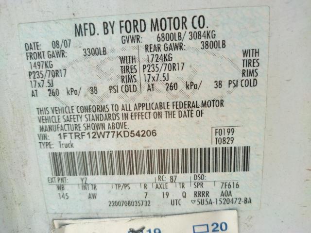 Photo 10 from auction – 2007 FORD F150 with VIN 1FTRF12W77KD54206