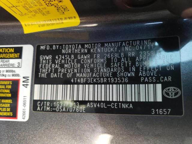 Фото 10 с аукциона – 2011 TOYOTA CAMRY BASE с VIN 4T4BF3EK5BR193536