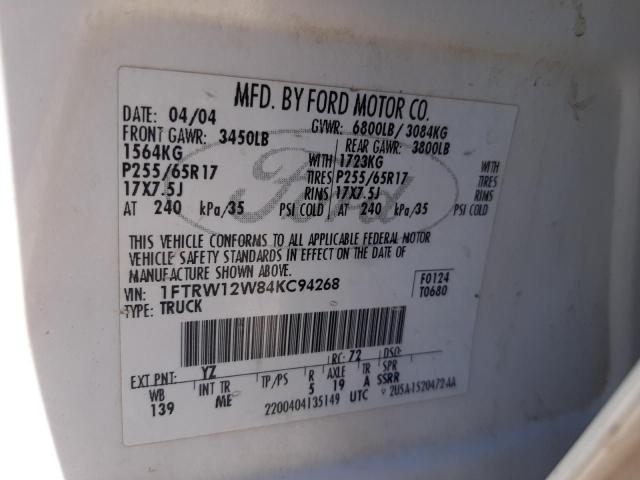 Photo 10 from auction – 2004 FORD F150 SUPER with VIN 1FTRW12W84KC94268