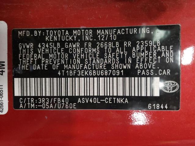 Photo 10 from auction – 2011 TOYOTA CAMRY BASE with VIN 4T1BF3EK6BU687091