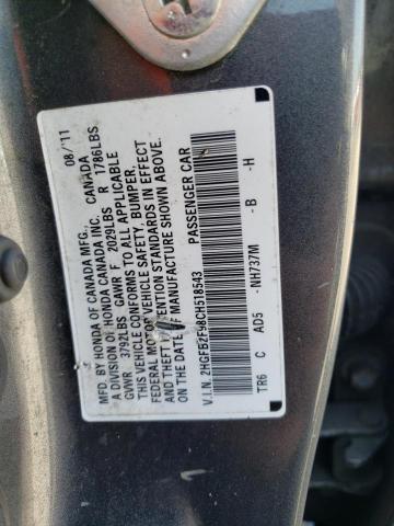 Photo 10 from auction – 2012 HONDA CIVIC EXL with VIN 2HGFB2F98CH518543