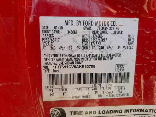 Photo 10 from auction – 2010 FORD F150 SUPER with VIN 1FTFW1CV8AKB83708