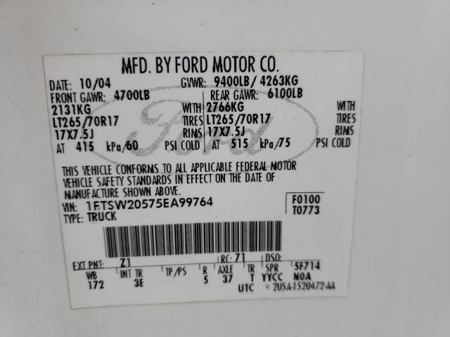 Photo 10 from auction – 2005 FORD F250 SUPER with VIN 1FTSW20575EA99764