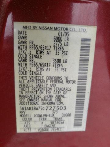 Photo 10 from auction – 2005 NISSAN PATHFINDER with VIN 5N1AR18W75C727503