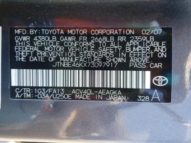 Photo 10 from auction – 2007 TOYOTA COROLLA with VIN JTNBE46KX73097917