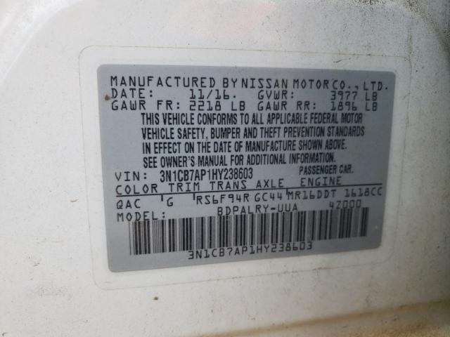 Photo 10 from auction – 2017 NISSAN SENTRA SR with VIN 3N1CB7AP1HY238603