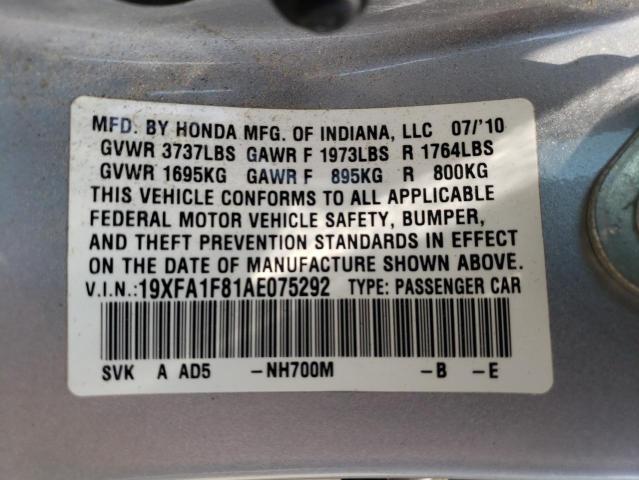 Photo 10 from auction – 2010 HONDA CIVIC EX with VIN 19XFA1F81AE075292