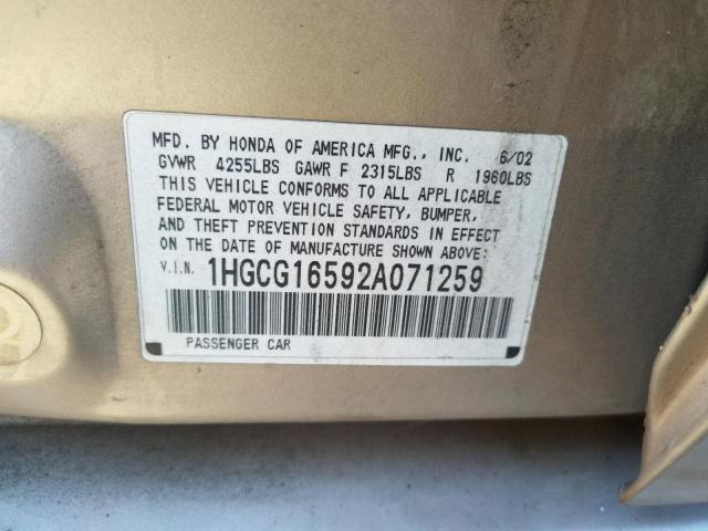 Photo 10 from auction – 2002 HONDA ACCORD EX with VIN 1HGCG16592A071259
