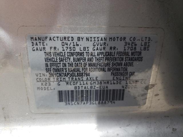 Photo 10 from auction – 2016 NISSAN VERSA S with VIN 3N1CN7AP3GL888794